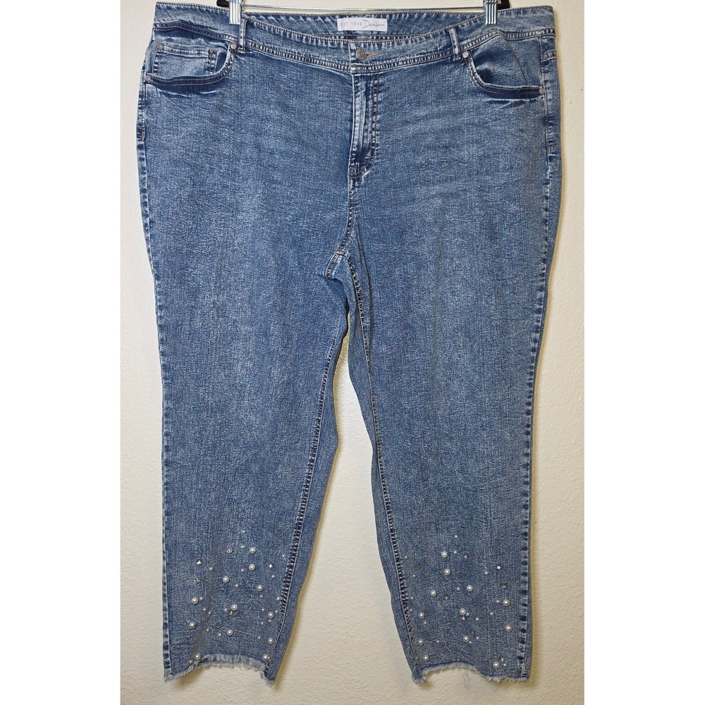 C. Est. 1946 Denim Womens 24W Hi-Rise Acid Wash Pearl Embellished Raw Hem Jeans